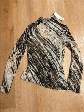 ZARA Marble-Print sheer Long Sleeve Mesh Top in Black White Gold